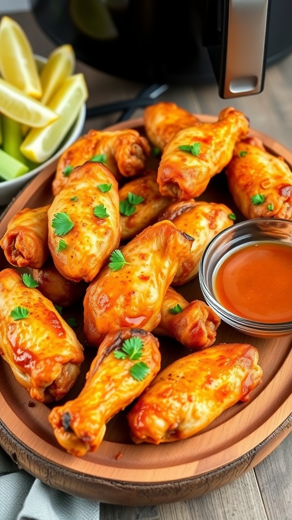Crispy and Delicious Air Fryer Chicken Wings Recipe Crispy air fryer chicken wings garnished with parsley and served with dipping sauce.